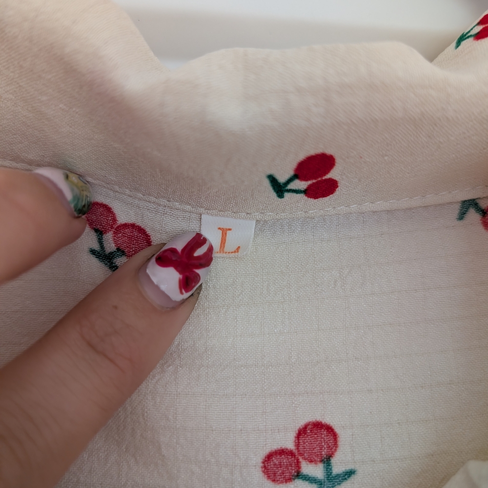 Collared Cherry Print Button-Up Top Size Large - image 4